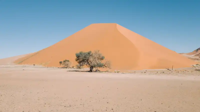 De golvende rode duinen van Sossusvlei bij zonsopgang