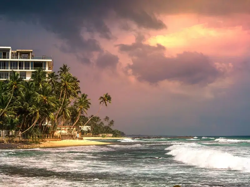 De baai van Unawatuna met palmen en zee